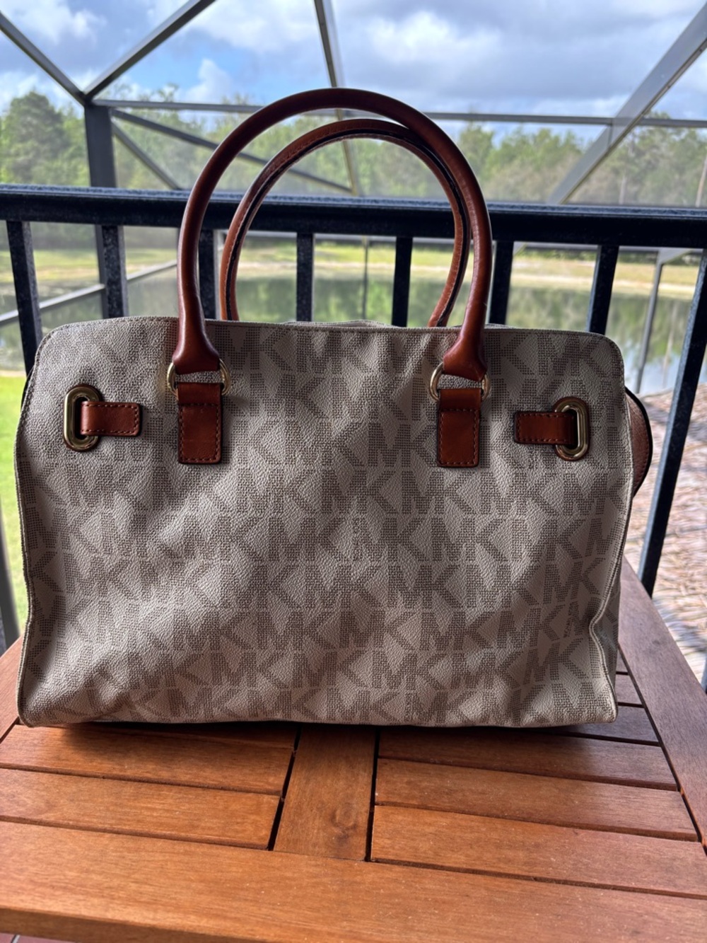 Michael Kors Beige Logo Tote with Brown Leather Handles - Picture 6 of 16